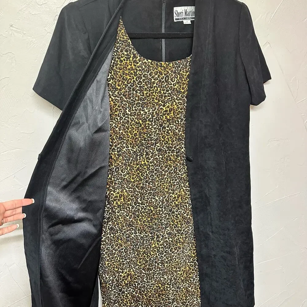 Vintage Black Cardigan Dress Leopard Print Mob Wife by Sheri Martin Size 12 - Picture 2 of 6